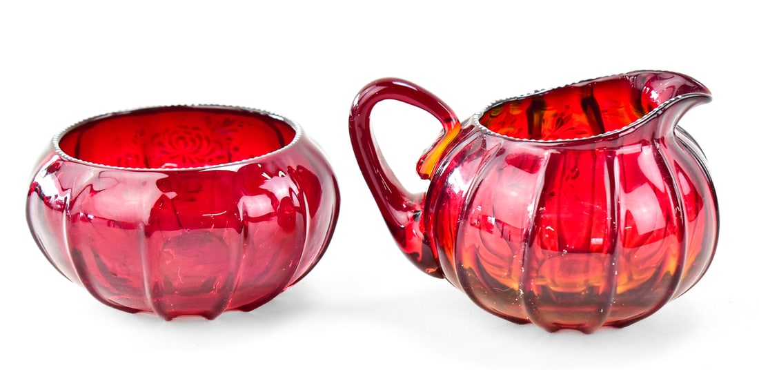 PAIRPOINT RUBY GLASS CREAMER AND SUGAR DISH - 4