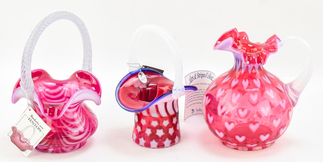 FENTON CRANBERRY GLASS ASSORTMENT: PITCHER AND BASKETS (1 of 4)