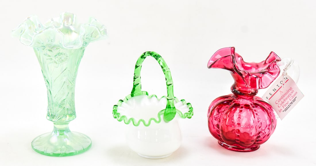 FENTON GLASS ASSORTED TRIO: VASE, PITCHER, BASKET (1 of 3)