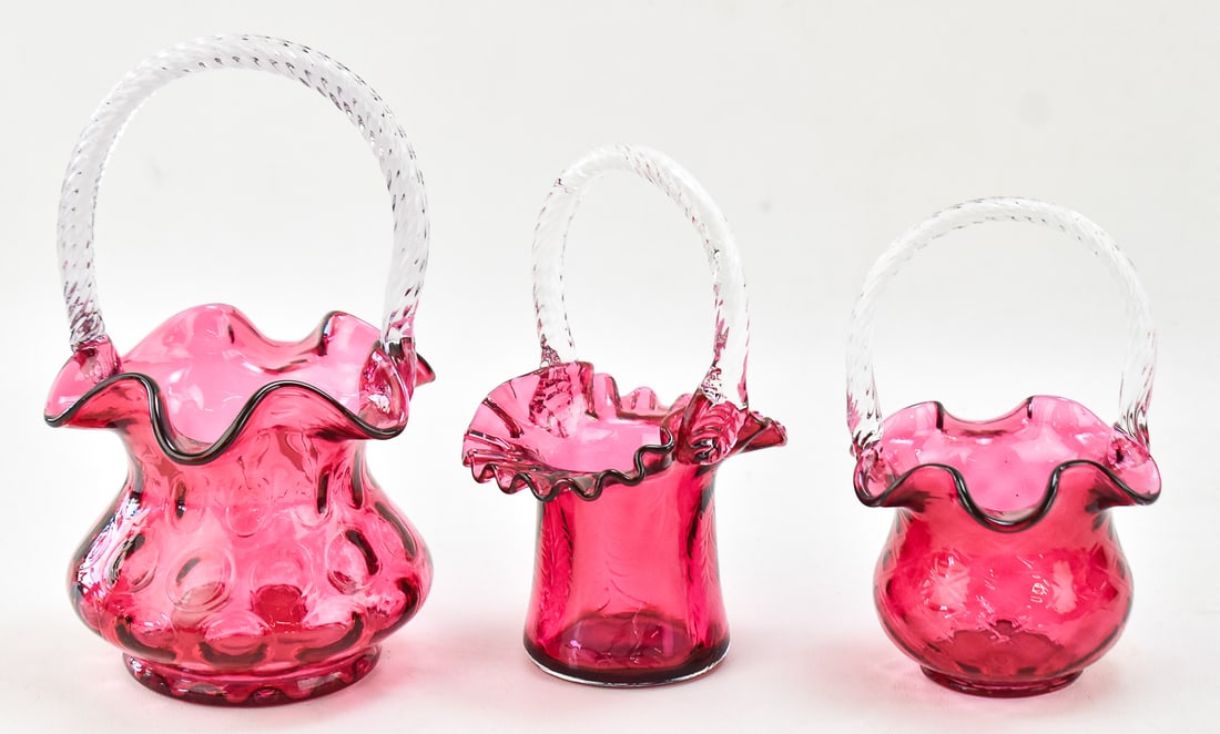 TRIO OF FENTON CRANBERRY GLASS BASKETS (1 of 2)