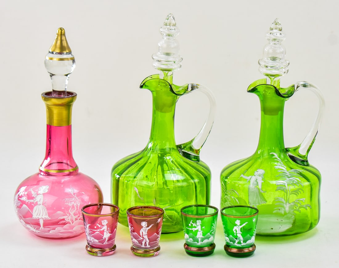 VICTORIAN MARY GREGORY STYLE DECANTERS AND SHOT GLASSES (1 of 6)
