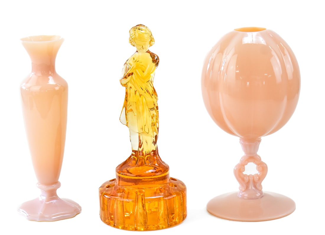 CAMBRIDGE GLASS VASE TRIO: BUD VASE, IVY BALL VASE, FLOWER FROG (1 of 3)
