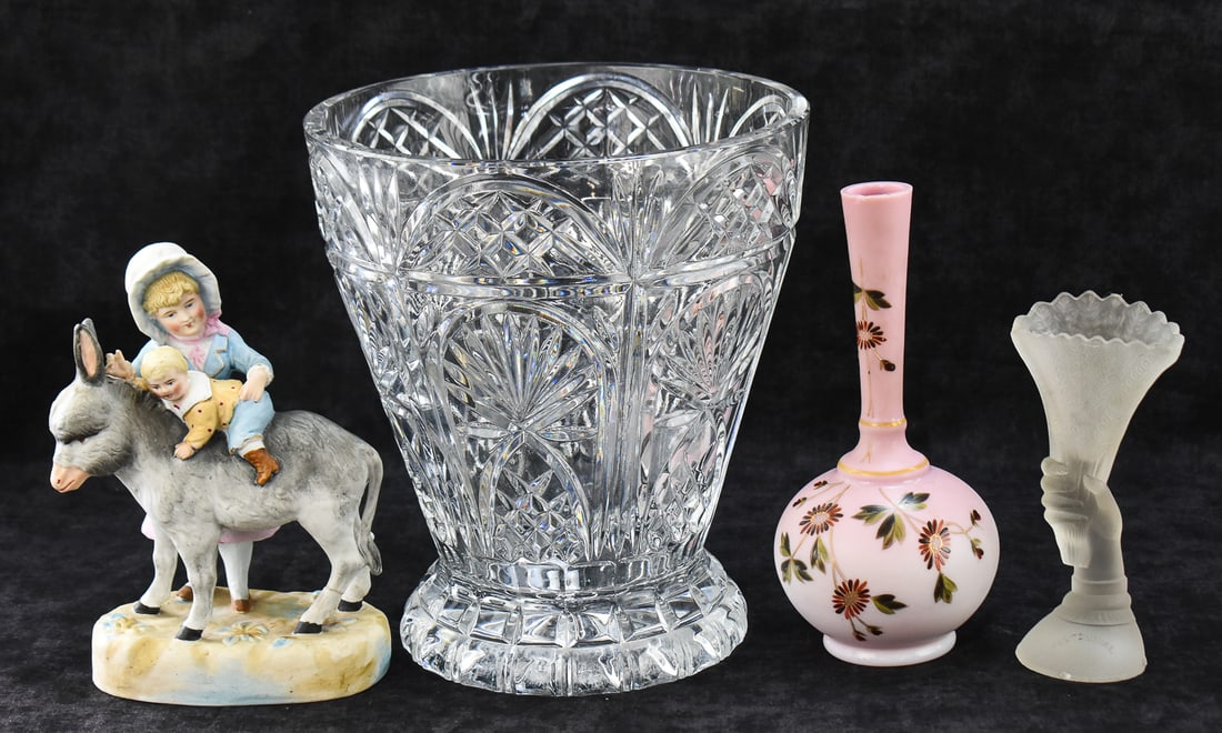 GODINGER CHAMPAGNE BUCKET, GILLINDER PHILADELPHIA EXPOSITION VASE, AND MORE: This lot includes the following: Godinger Shannon Crystal line champagne bucket, Gillinder and Sons Philadelphia Centennial Exposition frosted glass hand vase, circa 1876; Victorian hand-painted pink 