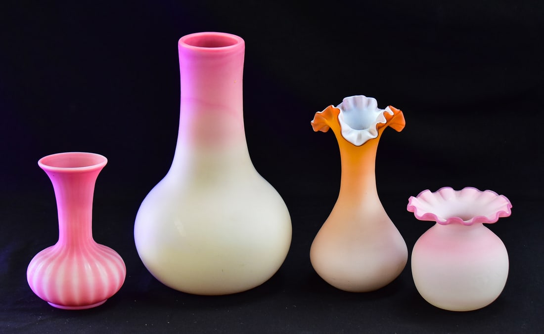 ASSORTMENT OF FOUR PINK SATIN GLASS VASES (1 of 3)