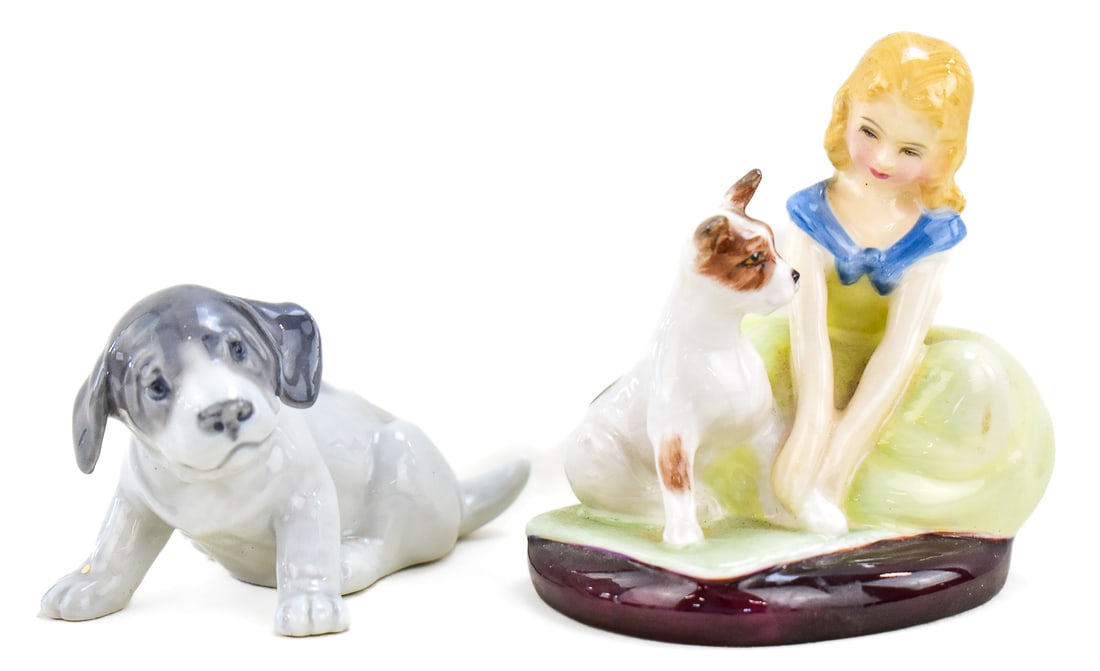 ROYAL DOULTON & ROYAL COPENHAGEN FIGURINE PAIRING: Figure one is Royal Doulton's "Golden Days" figurine designed by Peggy Davis. It started in production in 1963 as part of the "Child Study" collection. She is model number HN2274. Figure two is Royal