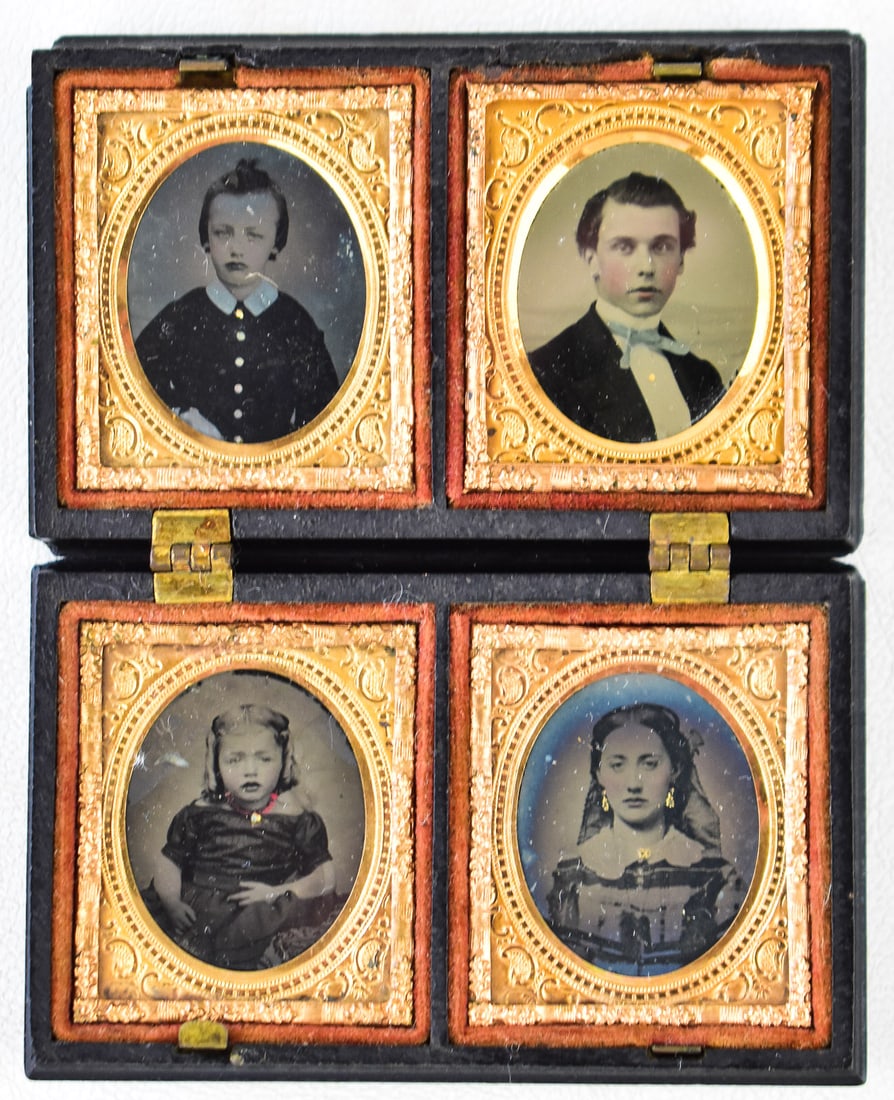 DOUBLE 16TH PLATE METAL AMBROTYPE CASE; FOUR PORTRAITS (1 of 3)