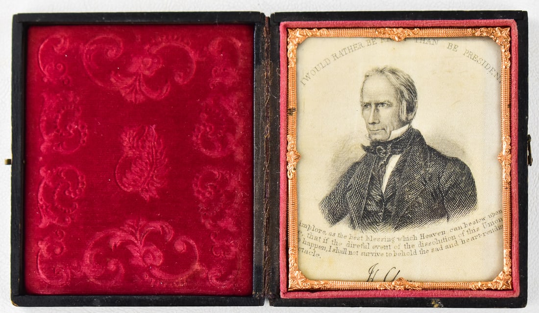 1844 HENRY CLAY PRESIDENTIAL CAMPAIGN SILK RIBBON: A 1844 Henry Clay silk presidential campaign ribbon for his run against Democrat James K. Polk within a Victorian leather photography case. "I would rather be right than be President" is pri