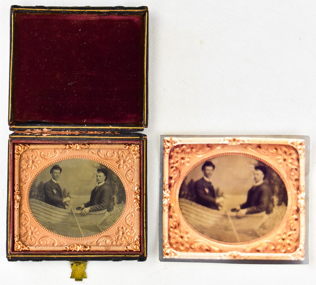 AMBROTYPE OF TWO MEN IN A ROW BOAT; VICTORIAN STUDIO PHOTOGRAPHY: An example of Victorian studio photography showing two men in a row boat in both tintype and ambrotype versions in a 1/6th plate black leather case, circa 1850s. The case measures approximately 3.5" H