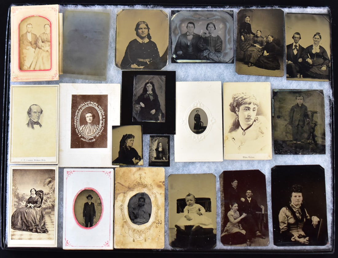COLLECTION OF 19TH CENTURY TIN TYPE PORTRAITS: This lot has 20 tine type portraits in it. This is a mixture of tin types, daguerrotypes and ambrotypes. All photographs in the collection are dated between 1840-1860. Largest photograph measures