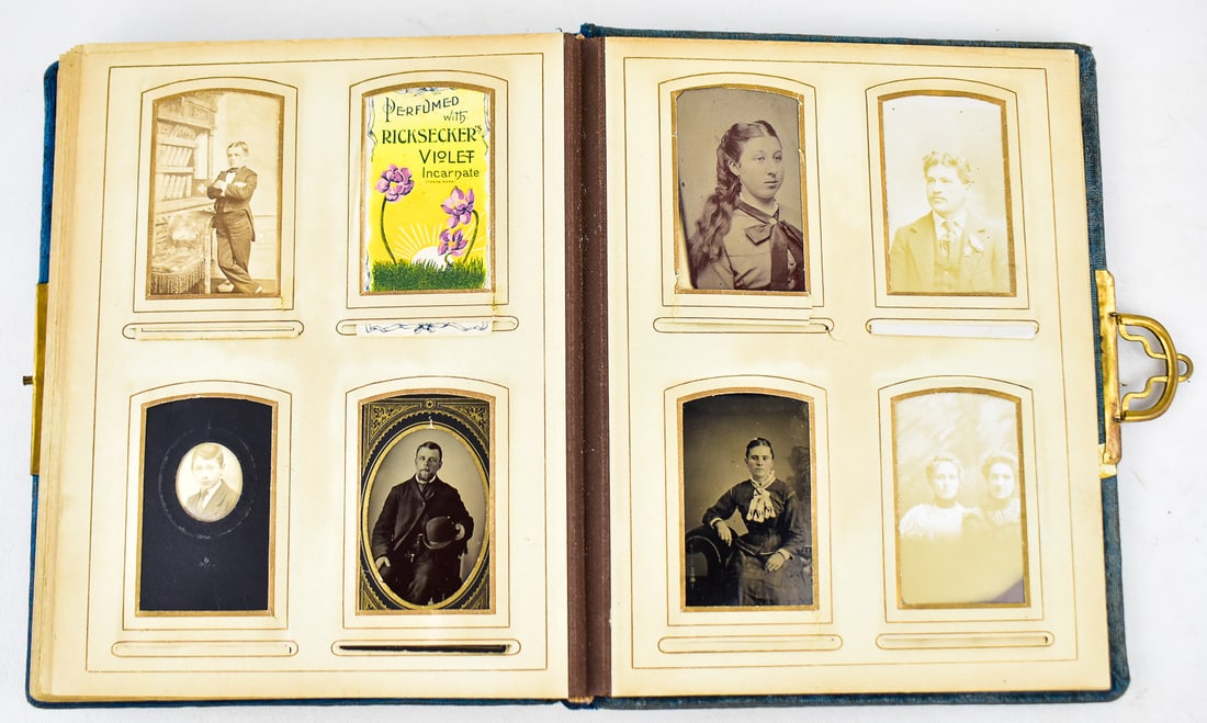 ALBUM OF CARTE DE VISTES &TIN TYPES: This album has a total of 30 photographs in it. All ranging from children, men, women, family portraits, remembrance cards. Album dates back to circa 1880. It measures approximately 11" H x 9" W x 2"