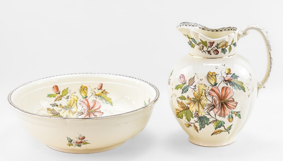 CERAMIC WASH BASIN AND PITCHER SET: This set is made by T & R Boote with the mark of "Royal Premium Semi-Porcelain" under the pitcher. This dates to to the late 19th century. The bowl measures approximately 5" H x