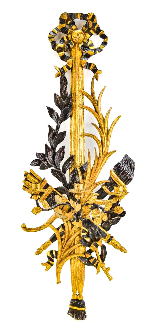 MID-CENTURY ITALIAN NEOCLASSICAL REVIVAL STYLE GILT DUAL-LIGHT WALL SCONCE: An Italian Neoclassical Revival style gilt wooden dual-light wall sconce, circa mid-20th century. The item measures approximately 38" H x 15" W x 10" D.