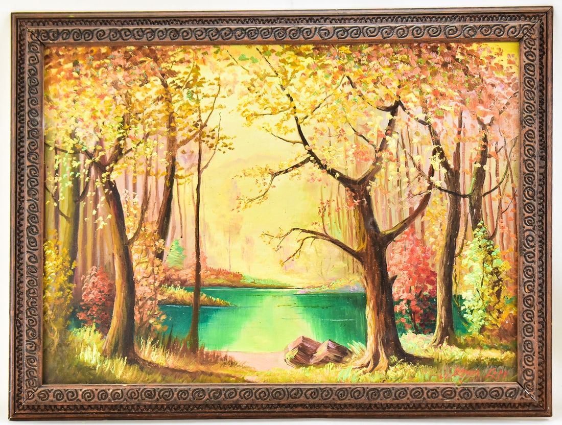 HARRY LEONARD LOPP "AUTUMN IN THE FLAT HEAD" OIL PAINTING: Original oil painting on canvas by listed Oregon artist Harry Leonard Lopp (SD, MO, 1888-1974), signed lower right and dated '67. Features a treed autumn landscape in Montana's Flat Head National