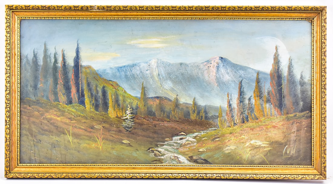 HARRY LEONARD LOPP 'MOUNTAIN LANDSCAPE' OIL PAINTING: Original mountain landscape oil painting on board by listed Oregon artist Harry Leonard Lopp (1888-1974), signed lower right. Art measures 16â€? H x 32â€? W presented in a frame measuring