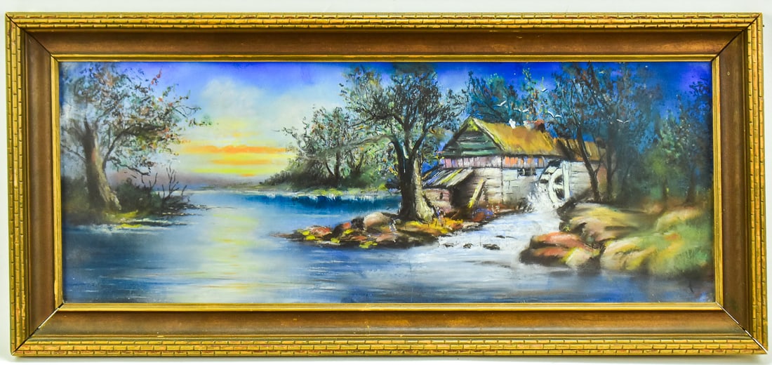 'RIVERSIDE MILL' PASTEL ATTRIBUTED TO WILLIAM CHANDLER: Original pastel on paper attributed to listed artist William Chandler (1854-1928). Features a sunset landscape with a riverside mill. Art measures 9.5" H x 25.5" W presented in a frame measuring 14"