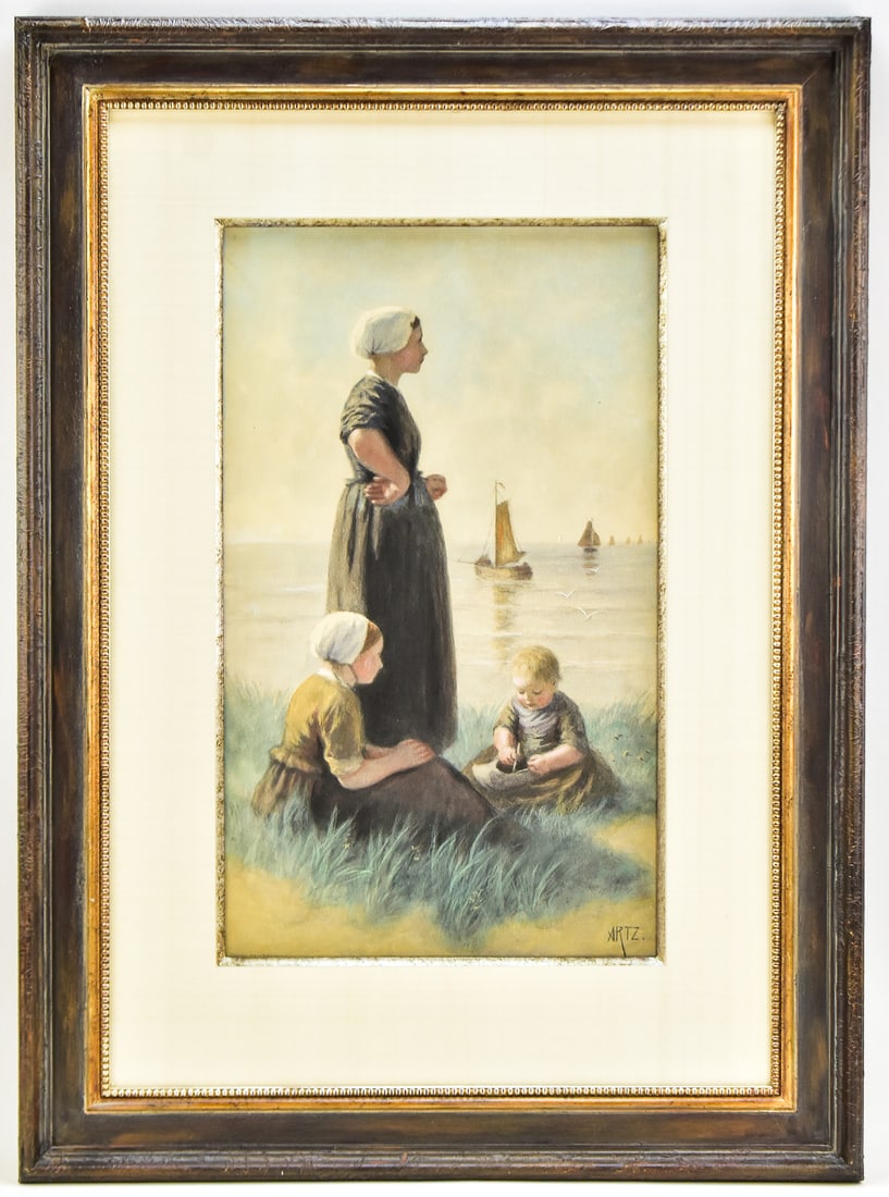 ADOLF ARTZ "WATCHING THE SHIPS RETURN" LITHOGRAPH: Lithographic print "Watching the Ships Return" on paper by listed artist David Adolf Constant Artz (1837-1890), signed in print lower right and copyrighted 1898 by Foster Brothers. This piece is also
