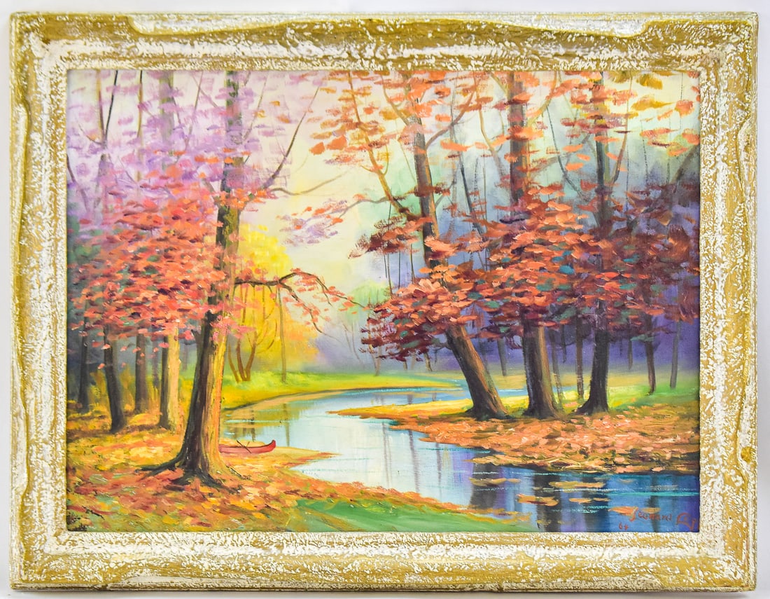 HARRY LEONARD LOPP 'STREAMSIDE AUTUMN LANDSCAPE' OIL PAINTING: Original oil painting on canvas by listed Oregon artist Harry Leonard Lopp (SD, MO, 1888-1974), signed lower right and dated '64. Features a treed autumn landscape beside a stream. Art measures