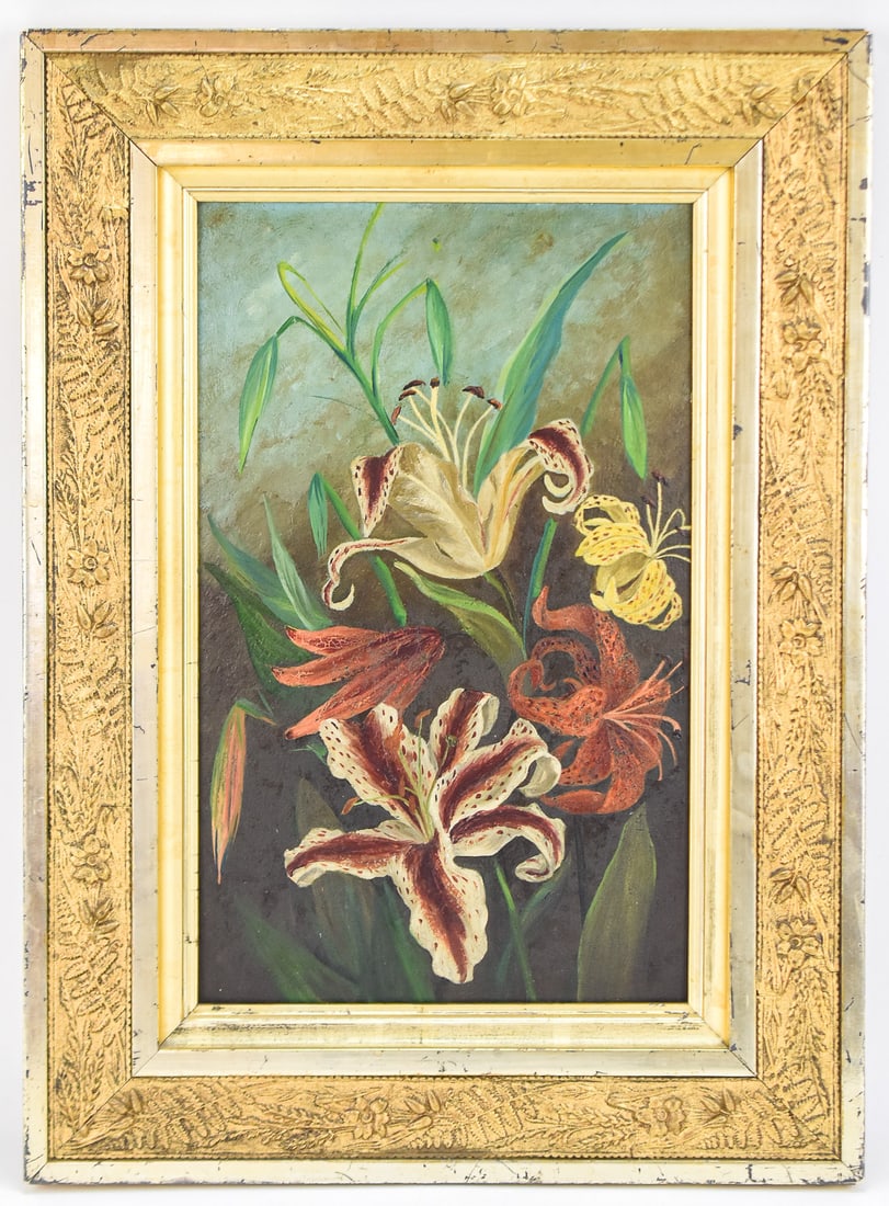 VICTORIAN TIGER LILY STILL LIFE: This original oil painting on artist board features a still life study of tiger lilies in a giltwood frame. Dating to the late 19th century, the artwork itself measures approx. 16" H x 10" W x 0.5" D