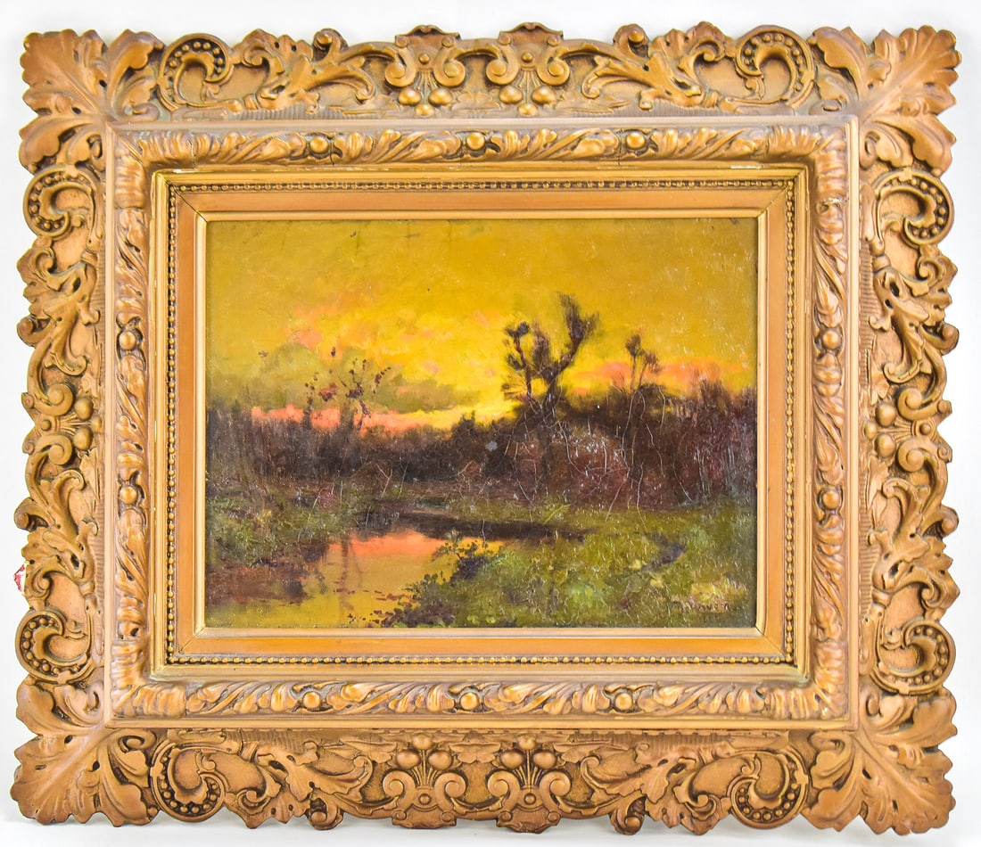 FRANKLIN DE HAVEN 'SUNSET LANDSCAPE' OIL PAINTING: Original oil painting on board featuring a streamside landscape at sunset by listed artist Franklin De Haven (1856-1934), signed lower right and dated 1887. Art measures approximately 8.5" H x