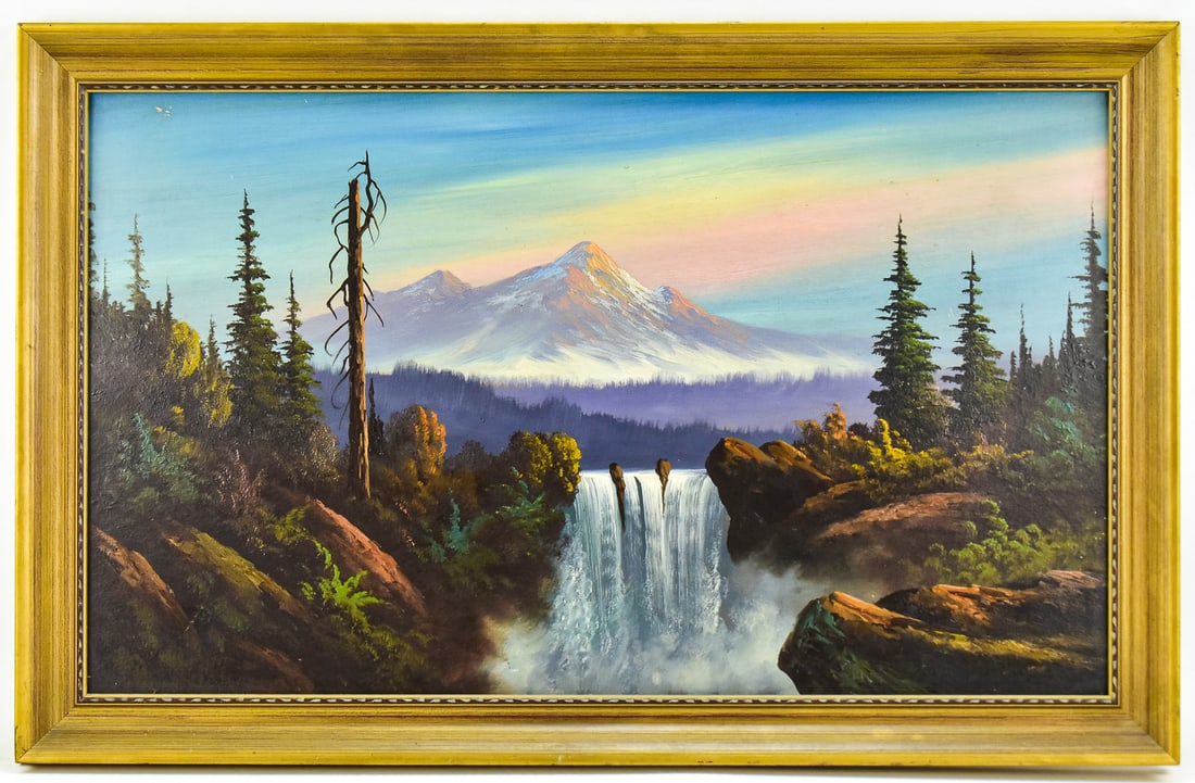 'WATERFALL MOUNTAINSCAPE AT SUNSET' OIL PAINTING: Original oil painting on board featuring a waterfall landscape with sunset mountain scene beyond. Art measures approximately 18" H x 30" W presented in a frame measuring 22" H x 34" W x 2" D.