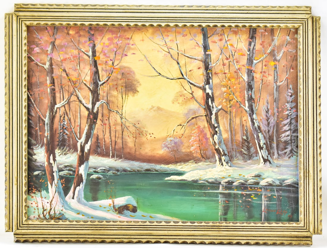 HARRY LEONARD LOPP 'STREAMSIDE WINTER LANDSCAPE' OIL PAINTING: Original oil painting on canvas by listed Oregon artist Harry Leonard Lopp (SD, MO, 1888-1974), signed lower right and dated '64. Features a snowy winter landscape beside a stream. Art measures