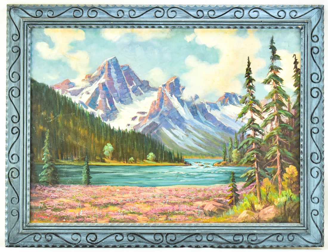 HARRY LEONARD LOPP "STANLEY PEAKS, IDAHO" OIL PAINTING: Original oil painting on canvas by listed Oregon artist Harry Leonard Lopp (SD, MO, 1888-1974), signed lower right and dated '64. Features the Stanley Peaks in Idaho's sawtooth mountain range. Art