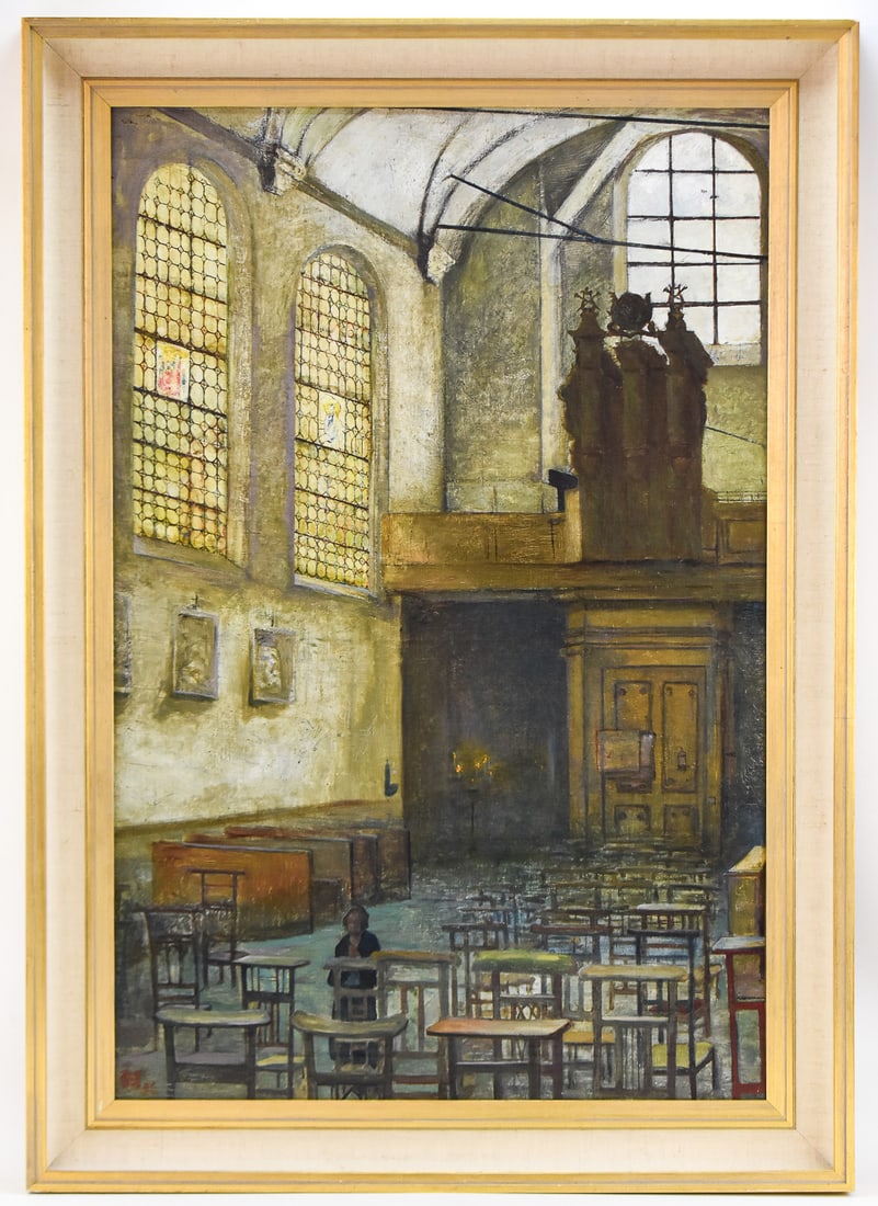 HENRI OTTEVAERE "CHURCH SCENE" OIL PAINTING: Original oil painting on canvas featuring a church scene with sunlit stained glass windows by listed artist Henri Ottevaere (Belgium, 1870 - 1944), signed lower left and dated '96. Art measures approx
