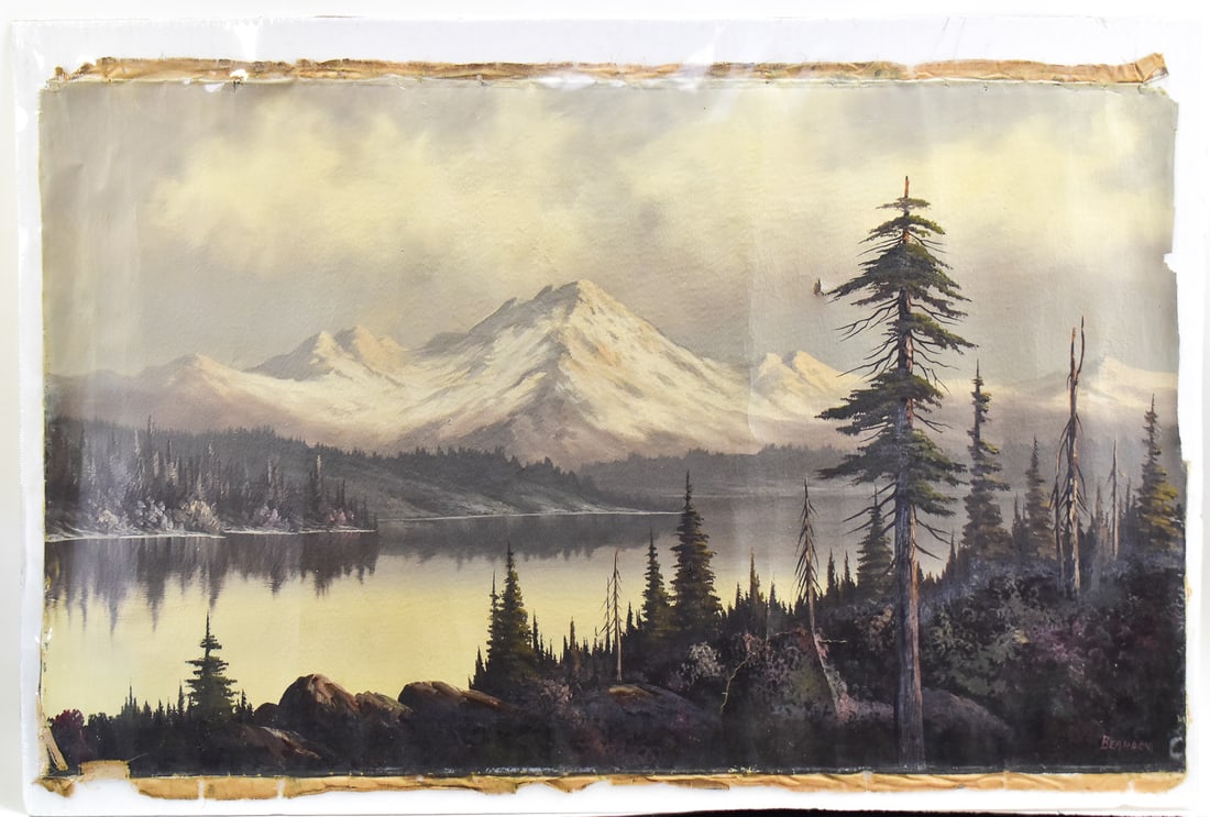 MELVIN BEARDEN 'OLYMPIC MOUNTAINS' OIL PAINTING: Original oil painting on canvas by listed Northwest artist Melvin Bearden (WA, CA, 1898-1961), signed lower right. Features the Olympic Mountain range in Washington State with a river and forest