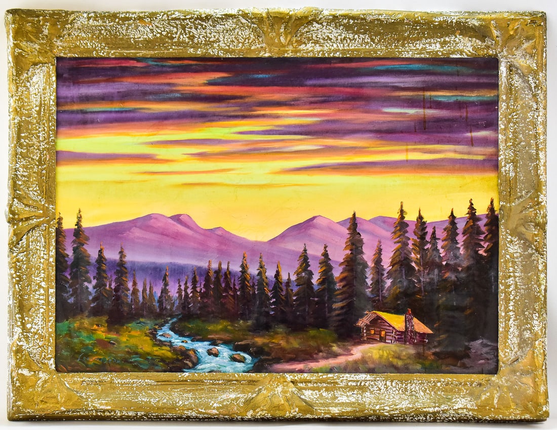 HARRY LEONARD LOPP 'SUNSET MOUNTAINSCAPE' OIL PAINTING: Original sunset mountainscape oil painting on canvas by listed Oregon artist Harry Leonard Lopp (SD, MO, 1888-1974), signed lower right. Art measures approximately 26â€? H x 36â€? W
