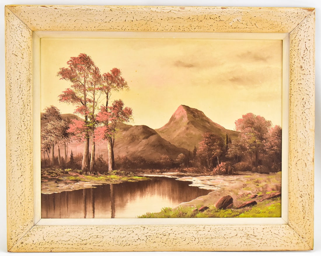 MINNIE WONSMOS "AUTUMN MOUNTAINSCAPE" OIL PAINTING: Original oil painting on board by listed Northwest artist Minnie Wonsmos (OR, 1901-1974), signed lower right. Features an autumn mountainscape with lake in the foreground. Art measures 17.5" H x