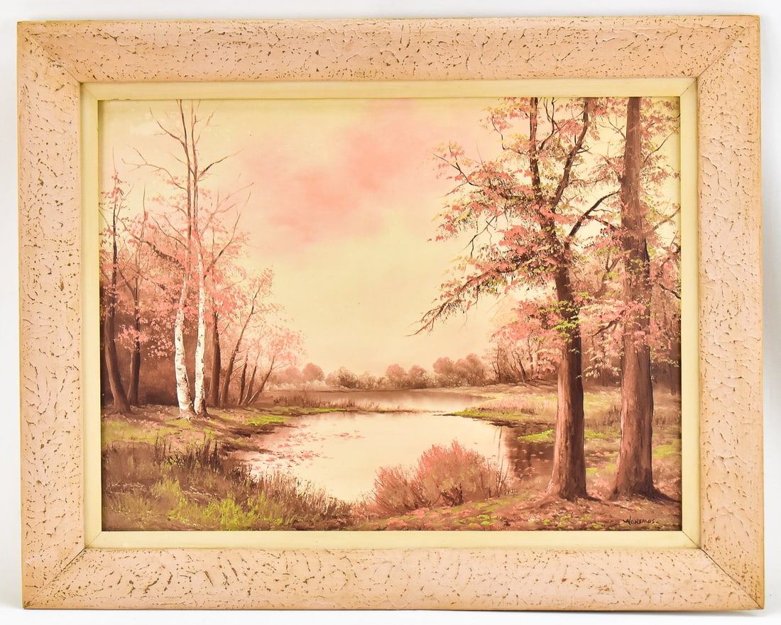 MINNIE WONSMOS "LAKESIDE AUTUMN LANDSCAPE" OIL PAINTING: Original oil painting on board by listed Northwest artist Minnie Wonsmos (OR, 1901-1974), signed lower right. Features a lakeside autumn landscape. Art measures 17.5" H x 23.5" W mounted in