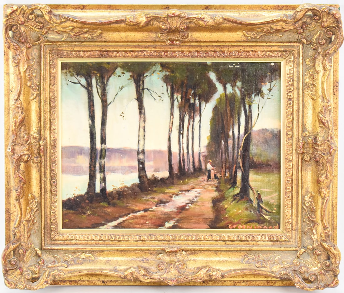 LAKESIDE LANDSCAPE OIL PAINTING BY GREENWOOD: Original lakeside landscape oil painting on board signed by artist, Greenwood, lower right. Art measures approximately 9" H x 11.5" W presented in a frame measuring 15" H x 17.5" W x 3" D.