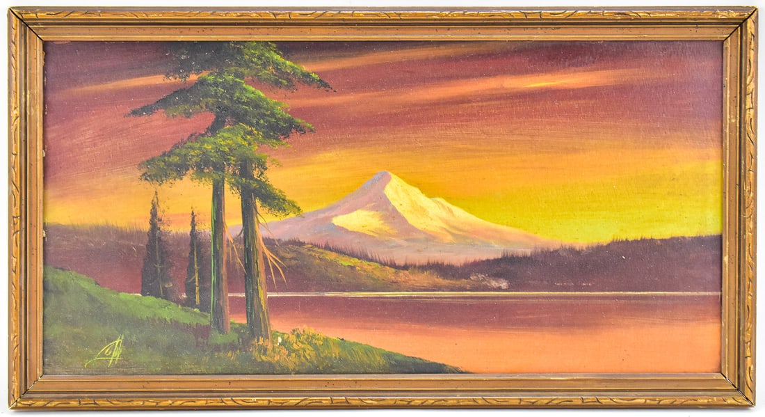 HARRY LEONARD LOPP "MT. HOOD AT SUNSET" OIL PAINTING: Original oil painting on board by listed Oregon artist Harry Leonard Lopp (SD, MO, 1888-1974), signed lower left. Features a sunset view of Oregon's Mt. Hood. Art measures approximately 12â€? H 