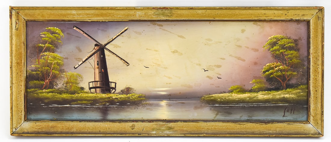 HARRY LEONARD LOPP 'WINDMILL AT SUNSET' OIL PAINTING: Original landscape oil painting on board featuring a sunset landscape with windmill by listed Oregon artist Harry Leonard Lopp (1888-1974), signed lower right. Art measures approximately 7â€? H 