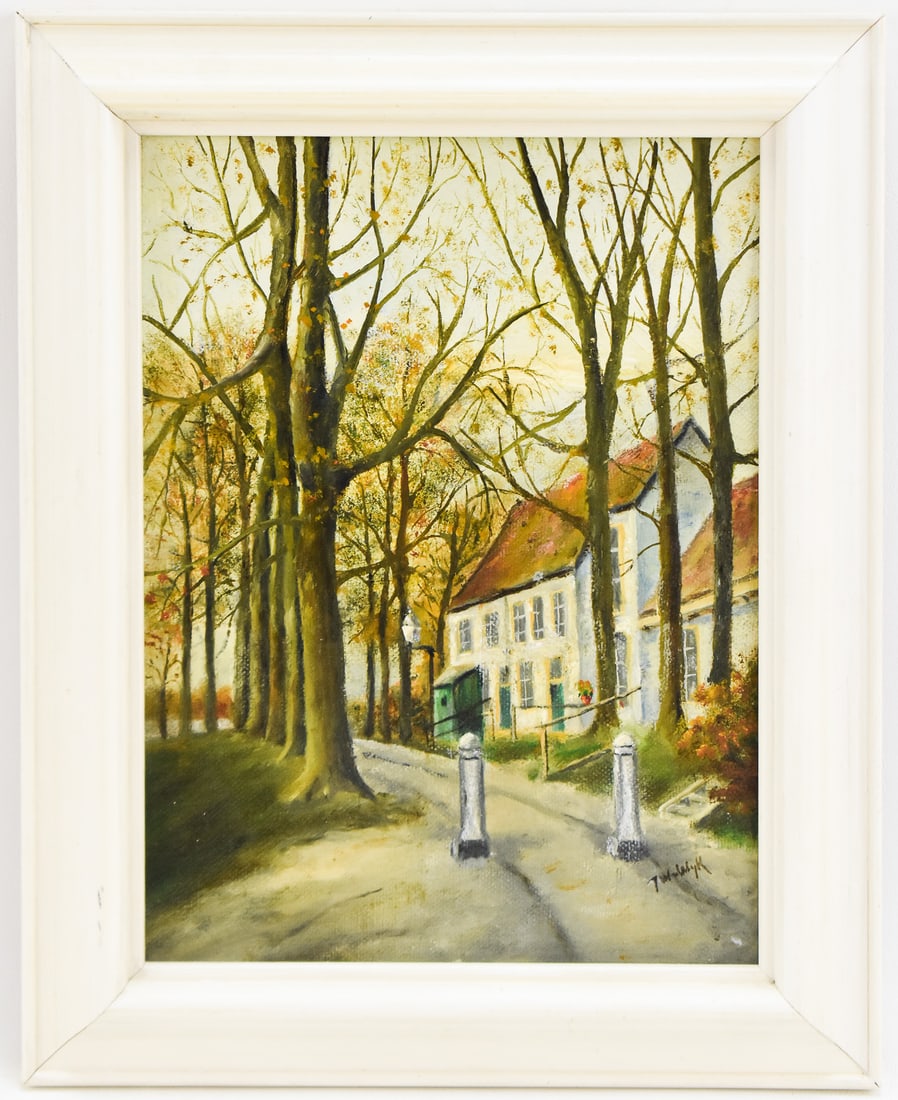 'A COUNTRY ESTATE IN AUTUMN' SIGNED OIL PAINTING: Original oil painting on canvas, illegibly signed lower right and featuring a tree-lined drive with a country estate in autumn. Art measures approximately 9" H x 6.5" W presented in a frame measuring 