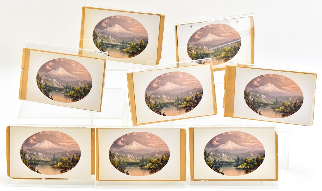 ELIZA BARCHUS MOUNT HOOD PAINTING POSTCARD COLLECTION: This collection has eight "Mount Hood With Lake In The Foreground, Oregon" by artist Eliza Barchus postcards. These postcards are souvenir reproductions. Each comes with a plastic stand and original