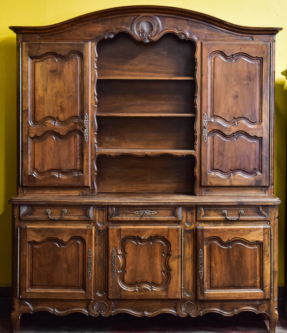 FRENCH PROVINCIAL STYLE BUFFET VAISSELIER: This buffet is made of solid oak with wrought iron hardware. The shelves can be moved, also come with three keys. Comes apart into two pieces for easy transportation. When fully assembled it measures