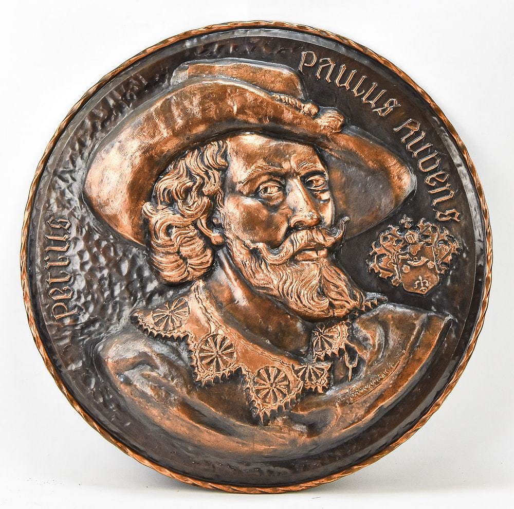 EMBOSSED COPPER WALL PLAQUE OF PETRUS PAULUS RUBENS (PETER PAUL RUBENS): A large embossed copper wall plaque inscribed "Petrus Paulus Rubens" depicting Flemish artist Peter Paul Rubens (1577-1640). The copper plaque measures approx. 25" H x 25" W x 1.5" D.