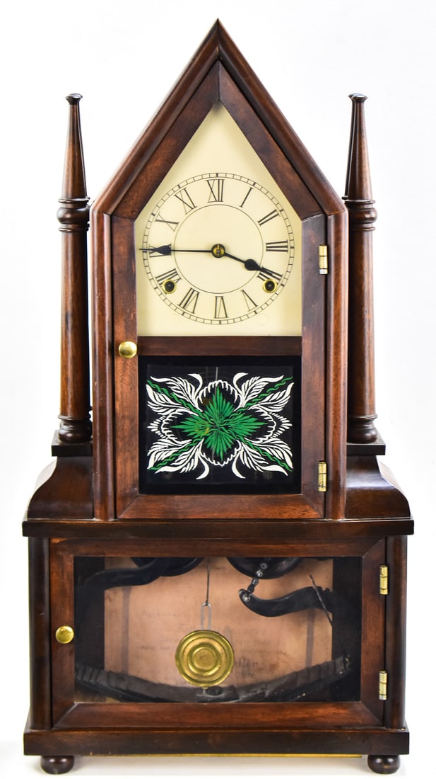 BIRGE & FULLER 8-DAY WAGON SPRING DOUBLE-STEEPLE SHELF CLOCK, C. 1845: A Birge & Fuller 8-day wagon leaf spring powered double-steeple shelf or mantle clock made in Bristol, Connecticut, circa 1845. The clock features a reverse-painted glass panel on the top
