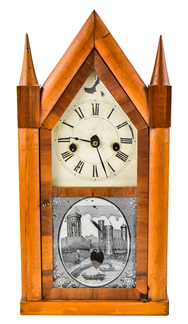 ELISHA MANROSS STEEPLE CLOCK, C. 1840s: A patent spring thirty-hour brass movement steeple clock with a cherry wood case manufactured by Elisha Manross of Bristol, Connecticut in the 1840s. The clock features a reverse-painted European