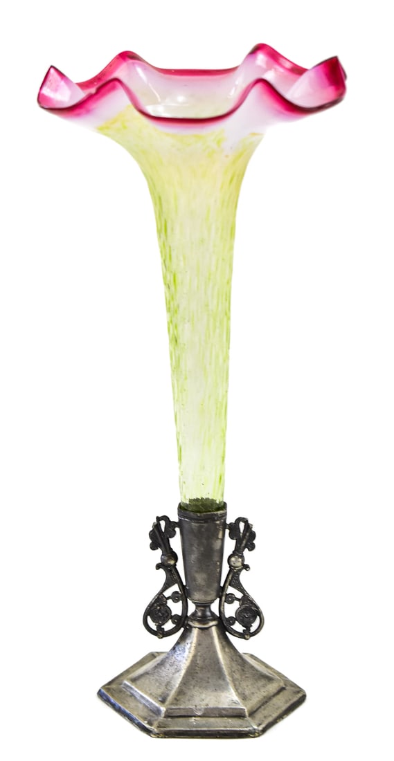SINGLE TRUMPET EPERGNE HORN VASE; E.G. WEBSTER & SON SILVER BASE: Trumpet glass is opalescent with a cranberry fluted top. The base is quadruple plated and manufactured by E.G. Webster & Son in New York City, New York circa 1900s. The epergne measures