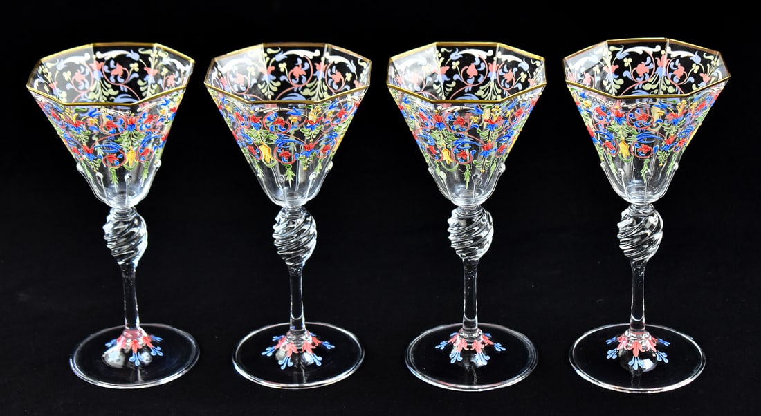 FOUR SALVIATI & MOSER VENETIAN GLASS GOBLETS: This lot has four Salviati venetian glass goblets that were hand painted with enamel by Moser circa early 20th century. Each glass measures approx. 7.5" H x 3.5" W x 3.5" D.