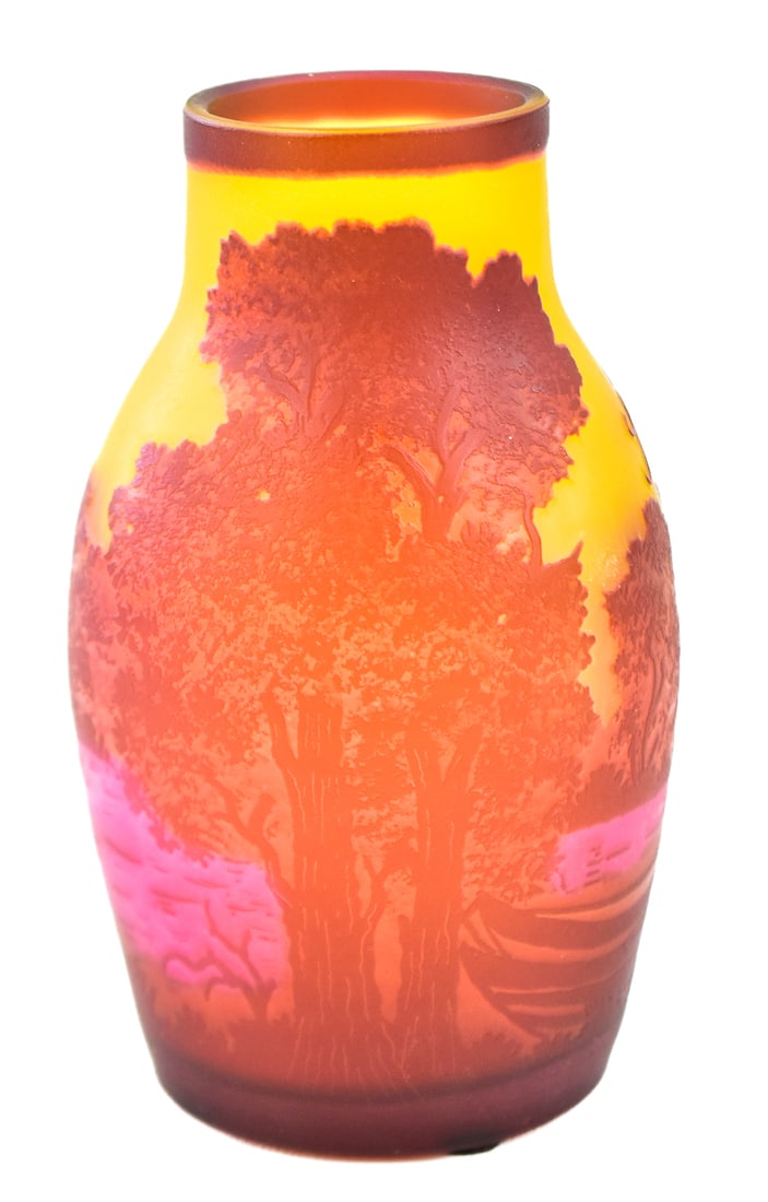 EMILE GALLE STYLE LANDSCAPE CAMEO GLASS VASE: This cameo vase was made in Romania as a continuation in the the Emile Galle vases. It measures approximately 5.5" H x 3" W x 3" D.