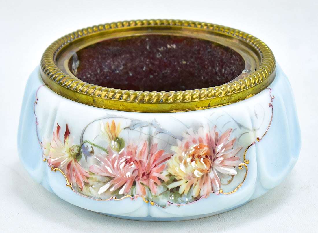 VICTORIAN OPEN FERNERY VASE: This piece is made of mold blown opaline swirl glass then hand painted with chrysanthemums. It has a brass rim and insert. It measures approx. 4" H x 7.5" W x 7.5" D.