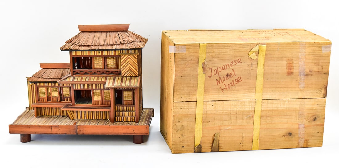 JAPANESE BAMBOO MODEL CELEBRATION TEA HOUSE, C. 1950s: A Japanese realistic model of a celebration tea house constructed of bamboo, with the original case, made in Japan circa the 1950s. The model measures approximately 13" H x 16" W x 7.5" D.