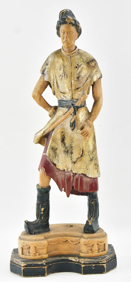 MONGOLIAN HAND CARVED WOOD STATUE/LAMP BASE: This hand carved and painted sculpture was originally the base for a lamp. It is unmarked but the figure is clothed in traditional Mongolian dress and measures approx. 22.5" H x 9.5" W x 6.5" D.