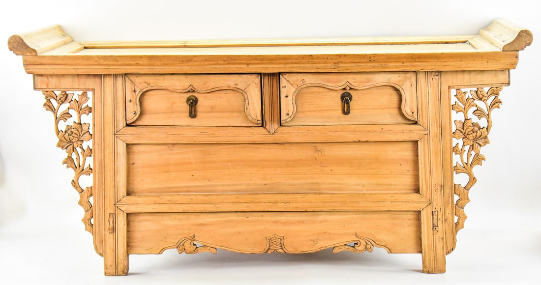 CHINESE ELMWOOD ALTAR TABLE: A Chinese altar table made of elmwood with two small drawers/ The drawers of the table have been constructed from Chinese soybean boxes. The altar table measures approximately 21" H x 43" W x 16.5" D.