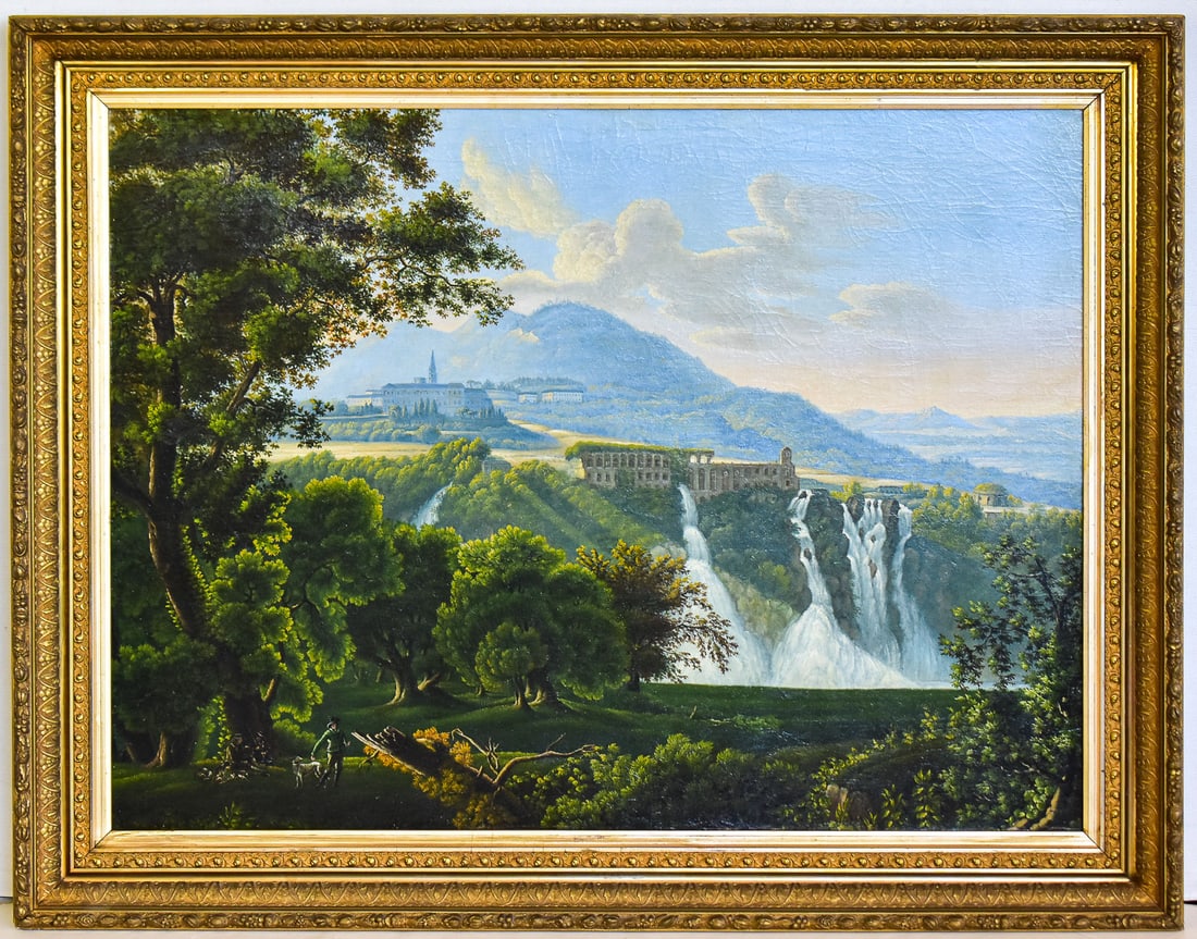 'A VIEW OF VILLA OF MAECENAS AND THE WATERFALLS AT TIVOLI, ITALY' OIL PAINTING: Original oil painting on canvas featuring a view of Villa of Maecenas and the waterfalls at Tivoli in Italy. Art measures approximately 32" H x 43" W presented in a frame measuring 39.5" H x 50" W x 3