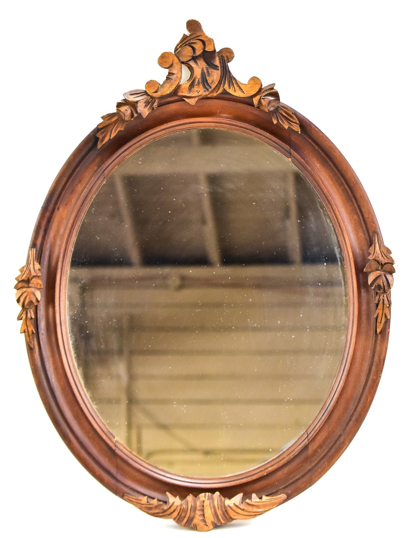 CARVED WOODEN OVAL WALL MIRROR (1 of 2)