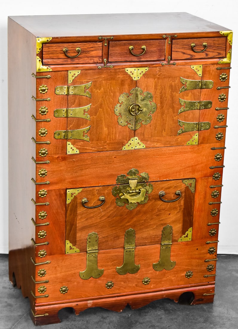 KOREAN TANSU CHEST: A traditional-style Korean Tansu chest with a row of three top drawers, a central double-door compartment, and a "bandaji" or drop-down lower door. The interior has a traditional Hanja Chinese